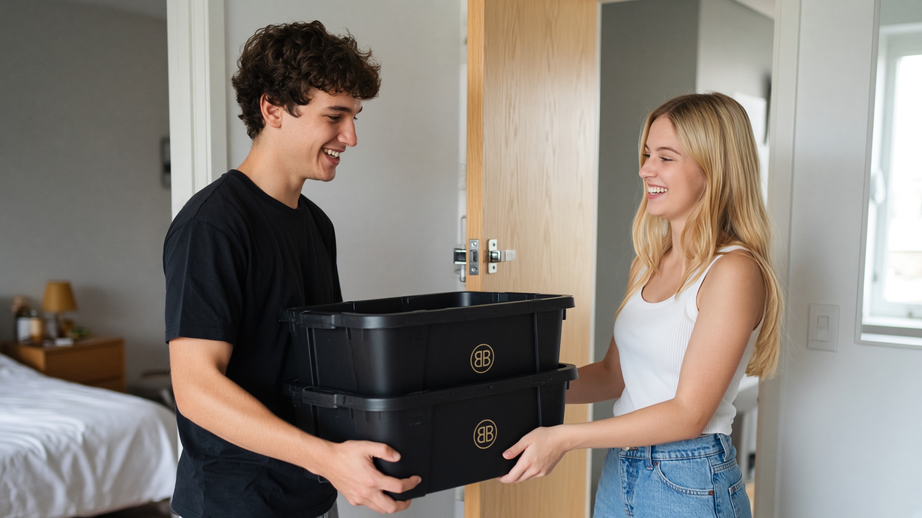 School Storage dropping plastic totes at a dorm door